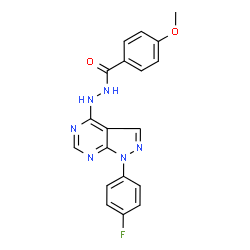 ChemSpider 2D Image | benzoic acid, 4-methoxy-, 2-[1-(4-fluorophenyl)-1H-pyrazolo[3,4-d]pyrimidin-4-yl]hydrazide | C19H15FN6O2