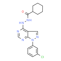 ChemSpider 2D Image | N'-[1-(3-Chlorophenyl)-1H-pyrazolo[3,4-d]pyrimidin-4-yl]cyclohexanecarbohydrazide | C18H19ClN6O