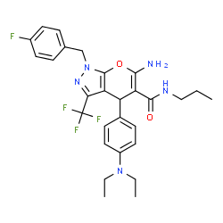 ChemSpider 2D Image | 6-Amino-4-[4-(diethylamino)phenyl]-1-(4-fluorobenzyl)-N-propyl-3-(trifluoromethyl)-1,4-dihydropyrano[2,3-c]pyrazole-5-carboxamide | C28H31F4N5O2