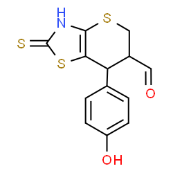 ChemSpider 2D Image | 7-(4-Hydroxyphenyl)-2-thioxo-3,5,6,7-tetrahydro-2H-thiopyrano[2,3-d][1,3]thiazole-6-carbaldehyde | C13H11NO2S3