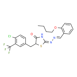ChemSpider 2D Image | 2-[(2E)-2-(2-Butoxybenzylidene)hydrazino]-5-[4-chloro-3-(trifluoromethyl)benzyl]-1,3-thiazol-4(5H)-one | C22H21ClF3N3O2S