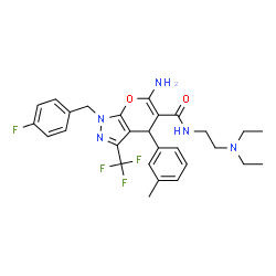 ChemSpider 2D Image | 6-Amino-N-[2-(diethylamino)ethyl]-1-(4-fluorobenzyl)-4-(3-methylphenyl)-3-(trifluoromethyl)-1,4-dihydropyrano[2,3-c]pyrazole-5-carboxamide | C28H31F4N5O2