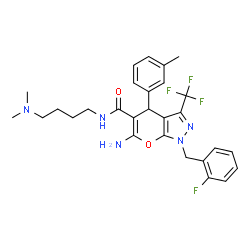 ChemSpider 2D Image | 6-Amino-N-[4-(dimethylamino)butyl]-1-(2-fluorobenzyl)-4-(3-methylphenyl)-3-(trifluoromethyl)-1,4-dihydropyrano[2,3-c]pyrazole-5-carboxamide | C28H31F4N5O2