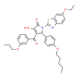 ChemSpider 2D Image | 1-(6-Ethoxy-1,3-benzothiazol-2-yl)-3-hydroxy-5-[4-(pentyloxy)phenyl]-4-(3-propoxybenzoyl)-1,5-dihydro-2H-pyrrol-2-one | C34H36N2O6S