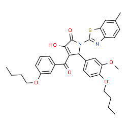 ChemSpider 2D Image | 4-(3-Butoxybenzoyl)-5-(4-butoxy-3-methoxyphenyl)-3-hydroxy-1-(6-methyl-1,3-benzothiazol-2-yl)-1,5-dihydro-2H-pyrrol-2-one | C34H36N2O6S