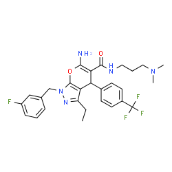 ChemSpider 2D Image | 6-Amino-N-[3-(dimethylamino)propyl]-3-ethyl-1-(3-fluorobenzyl)-4-[4-(trifluoromethyl)phenyl]-1,4-dihydropyrano[2,3-c]pyrazole-5-carboxamide | C28H31F4N5O2