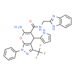 ChemSpider 2D Image | 6-Amino-N-(1H-benzimidazol-2-ylmethyl)-1-phenyl-4-(1H-pyrrol-2-yl)-3-(trifluoromethyl)-1,4-dihydropyrano[2,3-c]pyrazole-5-carboxamide | C26H20F3N7O2