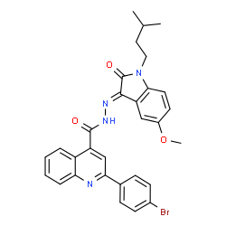 ChemSpider 2D Image | 2-(4-Bromophenyl)-N'-[(3E)-5-methoxy-1-(3-methylbutyl)-2-oxo-1,2-dihydro-3H-indol-3-ylidene]-4-quinolinecarbohydrazide | C30H27BrN4O3