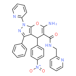 ChemSpider 2D Image | 6-Amino-4-(4-nitrophenyl)-3-phenyl-1-(2-pyridinyl)-N-(2-pyridinylmethyl)-1,4-dihydropyrano[2,3-c]pyrazole-5-carboxamide | C30H23N7O4