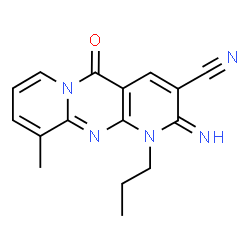 ChemSpider 2D Image | 2-Imino-10-methyl-5-oxo-1-propyl-1,5-dihydro-2H-dipyrido[1,2-a:2',3'-d]pyrimidine-3-carbonitrile | C16H15N5O