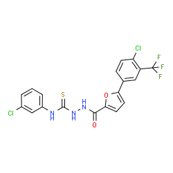 ChemSpider 2D Image | N-(3-Chlorophenyl)-2-{5-[4-chloro-3-(trifluoromethyl)phenyl]-2-furoyl}hydrazinecarbothioamide | C19H12Cl2F3N3O2S
