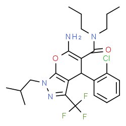 ChemSpider 2D Image | 6-Amino-4-(2-chlorophenyl)-1-isobutyl-N,N-dipropyl-3-(trifluoromethyl)-1,4-dihydropyrano[2,3-c]pyrazole-5-carboxamide | C24H30ClF3N4O2