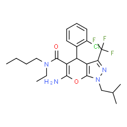 ChemSpider 2D Image | 6-Amino-N-butyl-4-(2-chlorophenyl)-N-ethyl-1-isobutyl-3-(trifluoromethyl)-1,4-dihydropyrano[2,3-c]pyrazole-5-carboxamide | C24H30ClF3N4O2