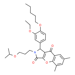 ChemSpider 2D Image | 1-[3-Ethoxy-4-(pentyloxy)phenyl]-2-(3-isopropoxypropyl)-5,7-dimethyl-1,2-dihydrochromeno[2,3-c]pyrrole-3,9-dione | C32H41NO6
