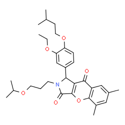ChemSpider 2D Image | 1-[3-Ethoxy-4-(3-methylbutoxy)phenyl]-2-(3-isopropoxypropyl)-5,7-dimethyl-1,2-dihydrochromeno[2,3-c]pyrrole-3,9-dione | C32H41NO6
