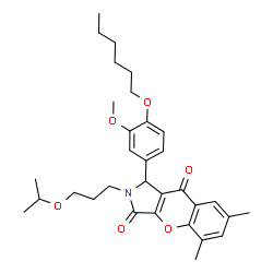 ChemSpider 2D Image | 1-[4-(Hexyloxy)-3-methoxyphenyl]-2-(3-isopropoxypropyl)-5,7-dimethyl-1,2-dihydrochromeno[2,3-c]pyrrole-3,9-dione | C32H41NO6