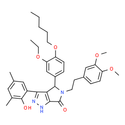 ChemSpider 2D Image | 5-[2-(3,4-Dimethoxyphenyl)ethyl]-4-[3-ethoxy-4-(pentyloxy)phenyl]-3-(2-hydroxy-3,5-dimethylphenyl)-4,5-dihydropyrrolo[3,4-c]pyrazol-6(1H)-one | C36H43N3O6