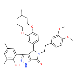 ChemSpider 2D Image | 5-[2-(3,4-Dimethoxyphenyl)ethyl]-4-[3-ethoxy-4-(3-methylbutoxy)phenyl]-3-(2-hydroxy-3,5-dimethylphenyl)-4,5-dihydropyrrolo[3,4-c]pyrazol-6(1H)-one | C36H43N3O6
