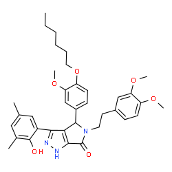 ChemSpider 2D Image | 5-[2-(3,4-Dimethoxyphenyl)ethyl]-4-[4-(hexyloxy)-3-methoxyphenyl]-3-(2-hydroxy-3,5-dimethylphenyl)-4,5-dihydropyrrolo[3,4-c]pyrazol-6(1H)-one | C36H43N3O6