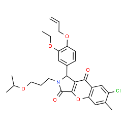 ChemSpider 2D Image | 1-[4-(Allyloxy)-3-ethoxyphenyl]-7-chloro-2-(3-isopropoxypropyl)-6-methyl-1,2-dihydrochromeno[2,3-c]pyrrole-3,9-dione | C29H32ClNO6