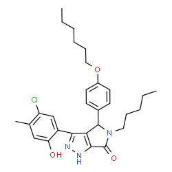 ChemSpider 2D Image | 3-(5-Chloro-2-hydroxy-4-methylphenyl)-4-[4-(hexyloxy)phenyl]-5-pentyl-4,5-dihydropyrrolo[3,4-c]pyrazol-6(1H)-one | C29H36ClN3O3