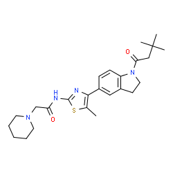 ChemSpider 2D Image | N-{4-[1-(3,3-Dimethylbutanoyl)-2,3-dihydro-1H-indol-5-yl]-5-methyl-1,3-thiazol-2-yl}-2-(1-piperidinyl)acetamide | C25H34N4O2S