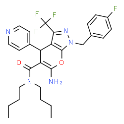 ChemSpider 2D Image | 6-Amino-N,N-dibutyl-1-(4-fluorobenzyl)-4-(4-pyridinyl)-3-(trifluoromethyl)-1,4-dihydropyrano[2,3-c]pyrazole-5-carboxamide | C28H31F4N5O2