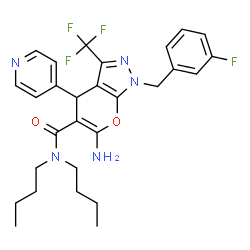 ChemSpider 2D Image | 6-Amino-N,N-dibutyl-1-(3-fluorobenzyl)-4-(4-pyridinyl)-3-(trifluoromethyl)-1,4-dihydropyrano[2,3-c]pyrazole-5-carboxamide | C28H31F4N5O2