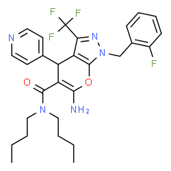 ChemSpider 2D Image | 6-Amino-N,N-dibutyl-1-(2-fluorobenzyl)-4-(4-pyridinyl)-3-(trifluoromethyl)-1,4-dihydropyrano[2,3-c]pyrazole-5-carboxamide | C28H31F4N5O2