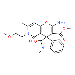 ChemSpider 2D Image | Methyl 2'-amino-6'-(2-methoxyethyl)-1,7'-dimethyl-2,5'-dioxo-1,2,5',6'-tetrahydrospiro[indole-3,4'-pyrano[3,2-c]pyridine]-3'-carboxylate | C22H23N3O6