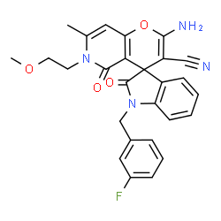 ChemSpider 2D Image | 2'-Amino-1-(3-fluorobenzyl)-6'-(2-methoxyethyl)-7'-methyl-2,5'-dioxo-1,2,5',6'-tetrahydrospiro[indole-3,4'-pyrano[3,2-c]pyridine]-3'-carbonitrile | C27H23FN4O4