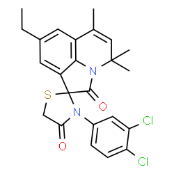 ChemSpider 2D Image | 3'-(3,4-Dichlorophenyl)-8-ethyl-4,4,6-trimethyl-4H,4'H-spiro[pyrrolo[3,2,1-ij]quinoline-1,2'-[1,3]thiazolidine]-2,4'-dione | C24H22Cl2N2O2S