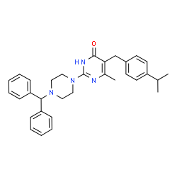 ChemSpider 2D Image | 2-[4-(Diphenylmethyl)-1-piperazinyl]-5-(4-isopropylbenzyl)-6-methyl-4(1H)-pyrimidinone | C32H36N4O