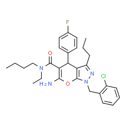 ChemSpider 2D Image | 6-Amino-N-butyl-1-(2-chlorobenzyl)-N-ethyl-4-(4-fluorophenyl)-3-propyl-1,4-dihydropyrano[2,3-c]pyrazole-5-carboxamide | C29H34ClFN4O2