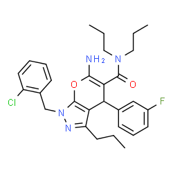 ChemSpider 2D Image | 6-Amino-1-(2-chlorobenzyl)-4-(3-fluorophenyl)-N,N,3-tripropyl-1,4-dihydropyrano[2,3-c]pyrazole-5-carboxamide | C29H34ClFN4O2