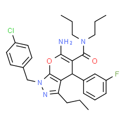 ChemSpider 2D Image | 6-Amino-1-(4-chlorobenzyl)-4-(3-fluorophenyl)-N,N,3-tripropyl-1,4-dihydropyrano[2,3-c]pyrazole-5-carboxamide | C29H34ClFN4O2
