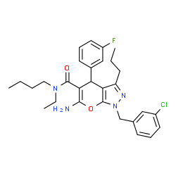 ChemSpider 2D Image | 6-Amino-N-butyl-1-(3-chlorobenzyl)-N-ethyl-4-(3-fluorophenyl)-3-propyl-1,4-dihydropyrano[2,3-c]pyrazole-5-carboxamide | C29H34ClFN4O2
