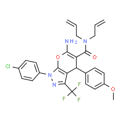 ChemSpider 2D Image | N,N-Diallyl-6-amino-1-(4-chlorophenyl)-4-(4-methoxyphenyl)-3-(trifluoromethyl)-1,4-dihydropyrano[2,3-c]pyrazole-5-carboxamide | C27H24ClF3N4O3
