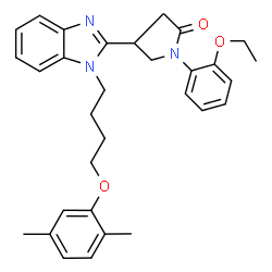 ChemSpider 2D Image | 4-{1-[4-(2,5-Dimethylphenoxy)butyl]-1H-benzimidazol-2-yl}-1-(2-ethoxyphenyl)-2-pyrrolidinone | C31H35N3O3