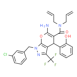 ChemSpider 2D Image | N,N-Diallyl-6-amino-1-(3-chlorobenzyl)-4-(2-hydroxyphenyl)-3-(trifluoromethyl)-1,4-dihydropyrano[2,3-c]pyrazole-5-carboxamide | C27H24ClF3N4O3