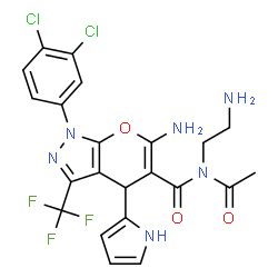 ChemSpider 2D Image | N-Acetyl-6-amino-N-(2-aminoethyl)-1-(3,4-dichlorophenyl)-4-(1H-pyrrol-2-yl)-3-(trifluoromethyl)-1,4-dihydropyrano[2,3-c]pyrazole-5-carboxamide | C22H19Cl2F3N6O3