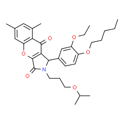ChemSpider 2D Image | 1-[3-Ethoxy-4-(pentyloxy)phenyl]-2-(3-isopropoxypropyl)-6,8-dimethyl-1,2-dihydrochromeno[2,3-c]pyrrole-3,9-dione | C32H41NO6