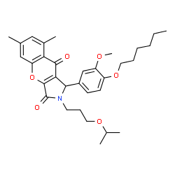 ChemSpider 2D Image | 1-[4-(Hexyloxy)-3-methoxyphenyl]-2-(3-isopropoxypropyl)-6,8-dimethyl-1,2-dihydrochromeno[2,3-c]pyrrole-3,9-dione | C32H41NO6