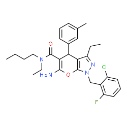 ChemSpider 2D Image | 6-Amino-N-butyl-1-(2-chloro-6-fluorobenzyl)-N,3-diethyl-4-(3-methylphenyl)-1,4-dihydropyrano[2,3-c]pyrazole-5-carboxamide | C29H34ClFN4O2