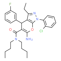 ChemSpider 2D Image | 6-Amino-N,N-dibutyl-1-(2-chlorophenyl)-3-ethyl-4-(3-fluorophenyl)-1,4-dihydropyrano[2,3-c]pyrazole-5-carboxamide | C29H34ClFN4O2