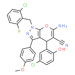 ChemSpider 2D Image | 6-Amino-1-(2-chloro-6-fluorobenzyl)-4-(5-chloro-2-hydroxyphenyl)-3-(4-methoxyphenyl)-1,4-dihydropyrano[2,3-c]pyrazole-5-carbonitrile | C27H19Cl2FN4O3