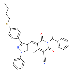 ChemSpider 2D Image | (5E)-5-({3-[4-(Butylsulfanyl)phenyl]-1-phenyl-1H-pyrazol-4-yl}methylene)-4-methyl-2,6-dioxo-1-(1-phenylethyl)-1,2,5,6-tetrahydro-3-pyridinecarbonitrile | C35H32N4O2S