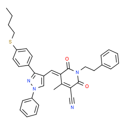 ChemSpider 2D Image | (5E)-5-({3-[4-(Butylsulfanyl)phenyl]-1-phenyl-1H-pyrazol-4-yl}methylene)-4-methyl-2,6-dioxo-1-(2-phenylethyl)-1,2,5,6-tetrahydro-3-pyridinecarbonitrile | C35H32N4O2S