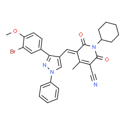 ChemSpider 2D Image | (5E)-5-{[3-(3-Bromo-4-methoxyphenyl)-1-phenyl-1H-pyrazol-4-yl]methylene}-1-cyclohexyl-4-methyl-2,6-dioxo-1,2,5,6-tetrahydro-3-pyridinecarbonitrile | C30H27BrN4O3
