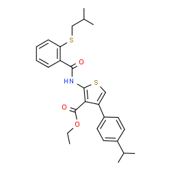 ChemSpider 2D Image | Ethyl 2-{[2-(isobutylsulfanyl)benzoyl]amino}-4-(4-isopropylphenyl)-3-thiophenecarboxylate | C27H31NO3S2